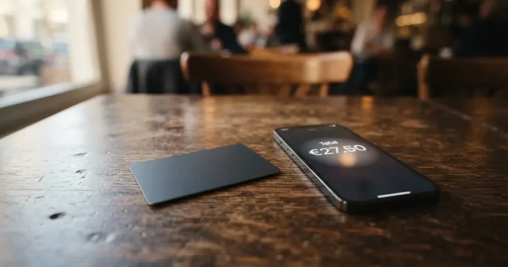 A payment card next to a phone with a crypto wallet app open