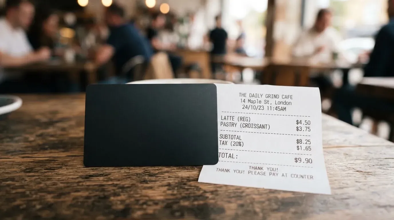 A receipt and a card on a café table