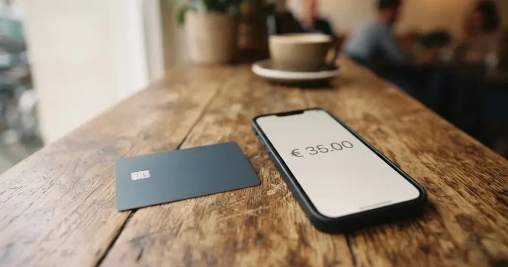 A payment card next to a phone with a crypto wallet app open