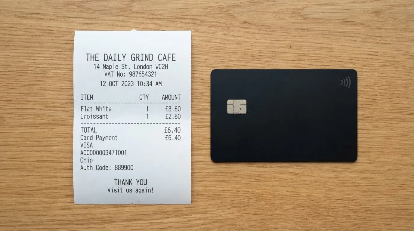 A receipt and a card on a café table