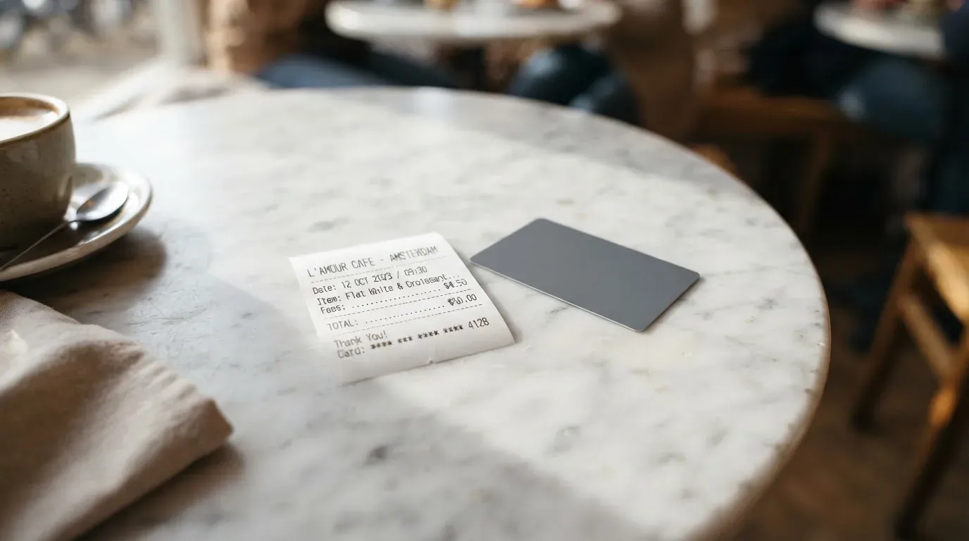 A receipt and a card on a café table