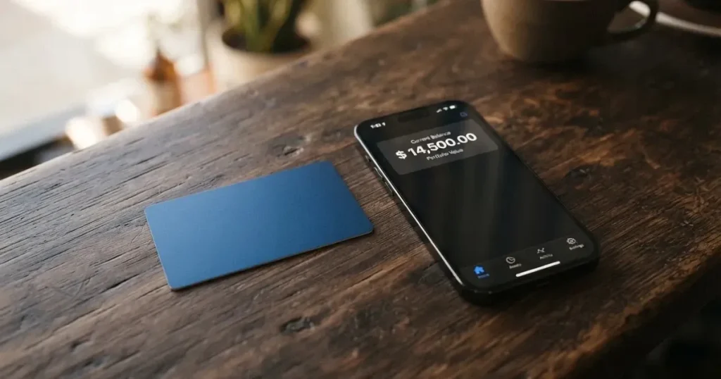 A payment card next to a phone with a crypto wallet app open