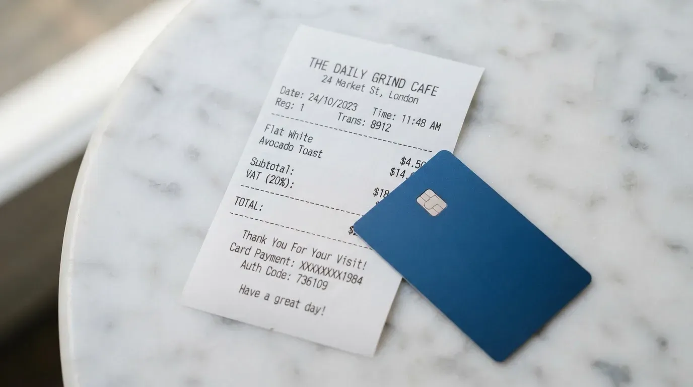 A receipt and a card on a café table