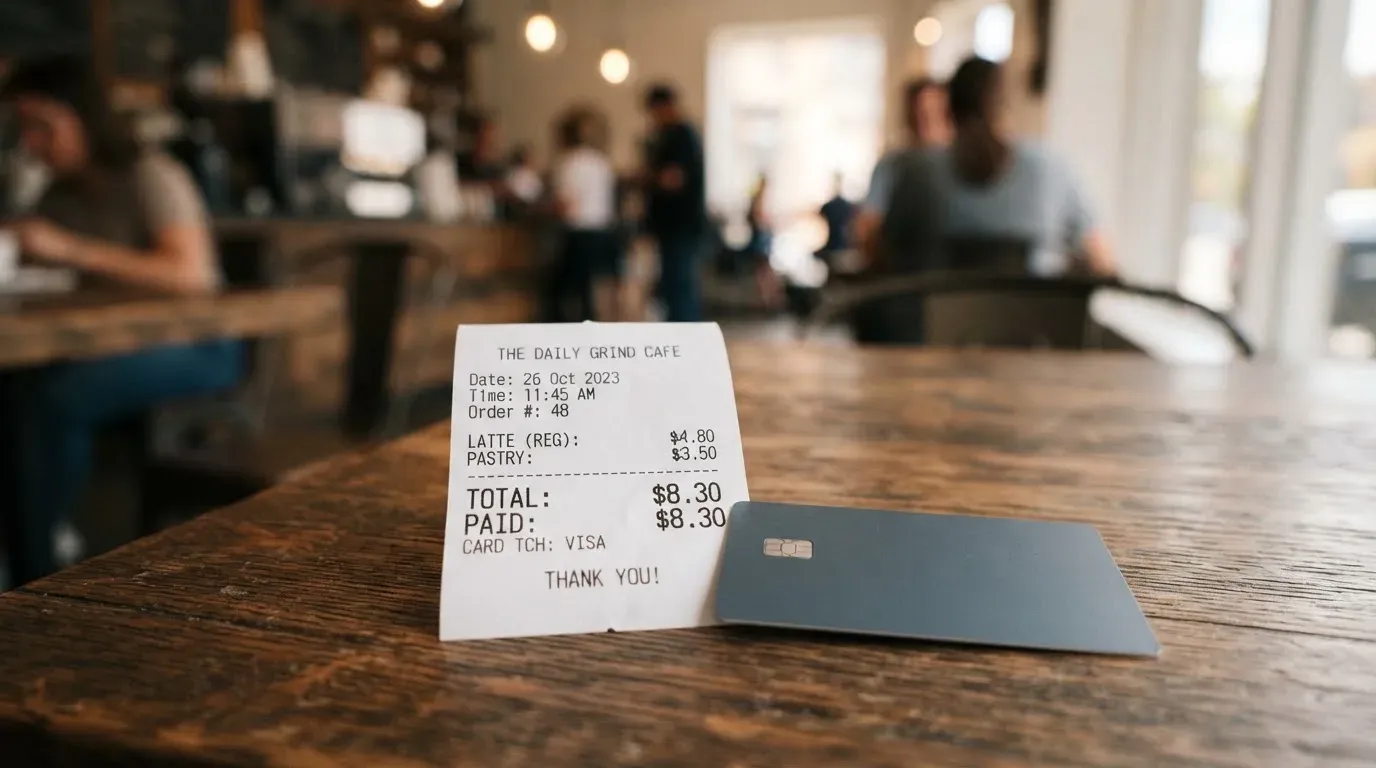 A receipt and a card on a café table