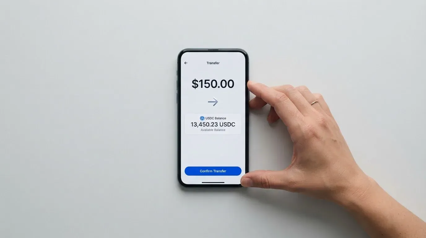 A phone showing a stablecoin transfer screen