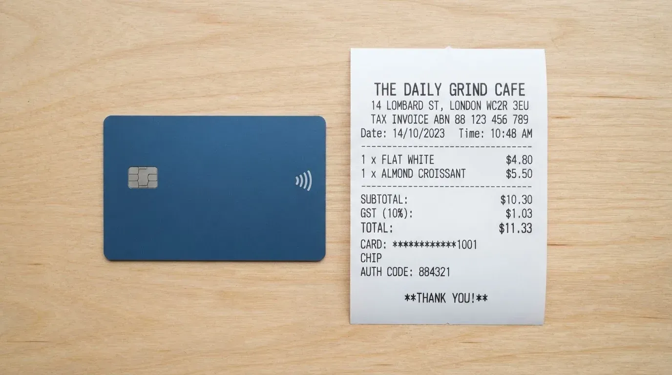 A receipt and a card on a café table