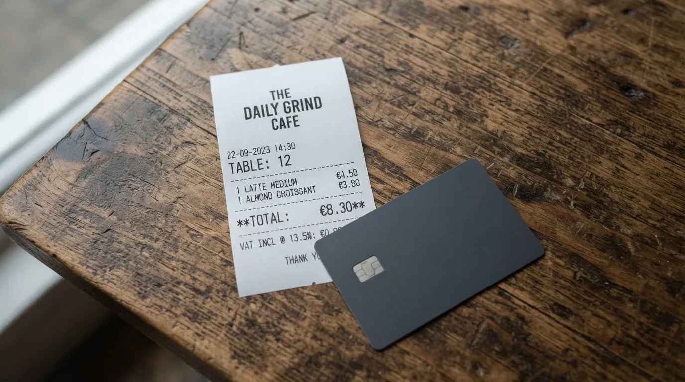 A receipt and a card on a café table