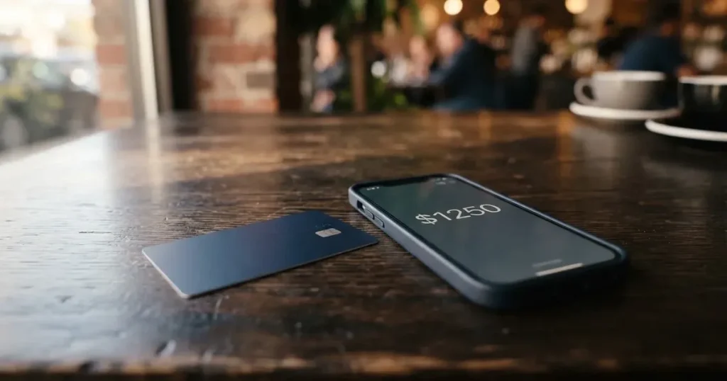 A payment card next to a phone with a crypto wallet app open