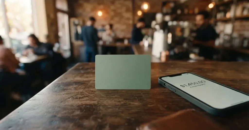 A payment card next to a phone with a crypto wallet app open