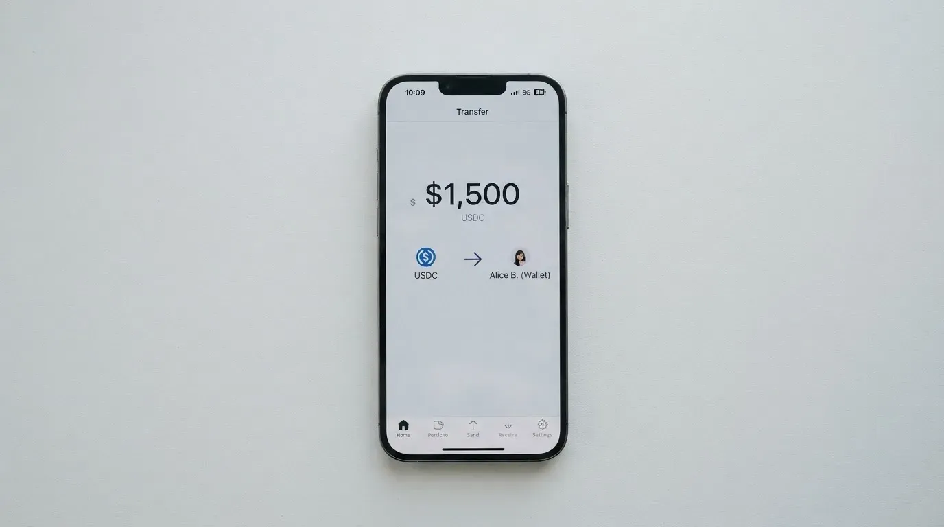 A phone showing a stablecoin transfer screen