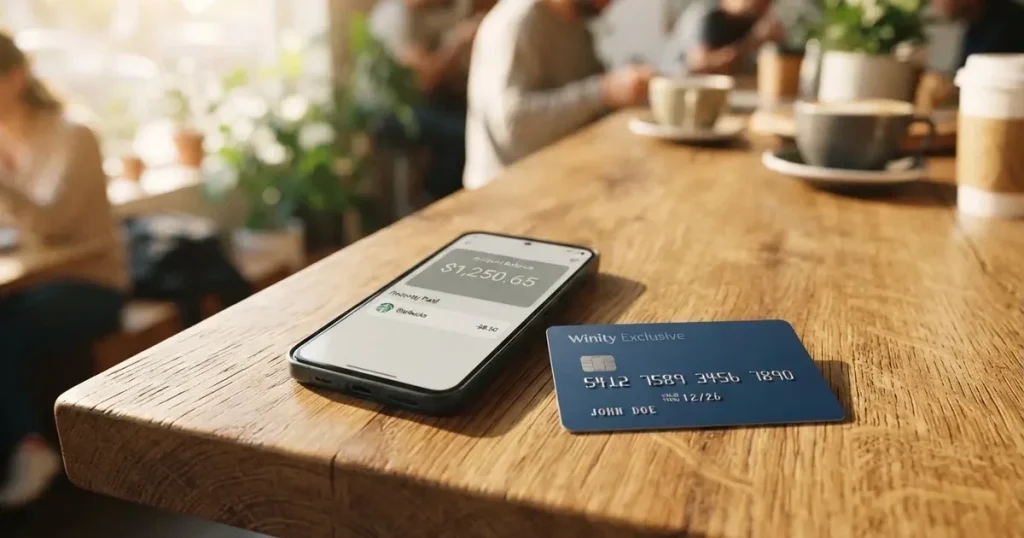 A payment card next to a phone with a crypto wallet app open