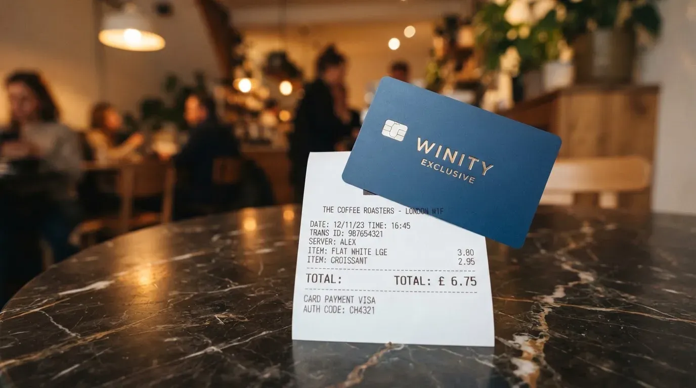 A receipt and a card on a café table