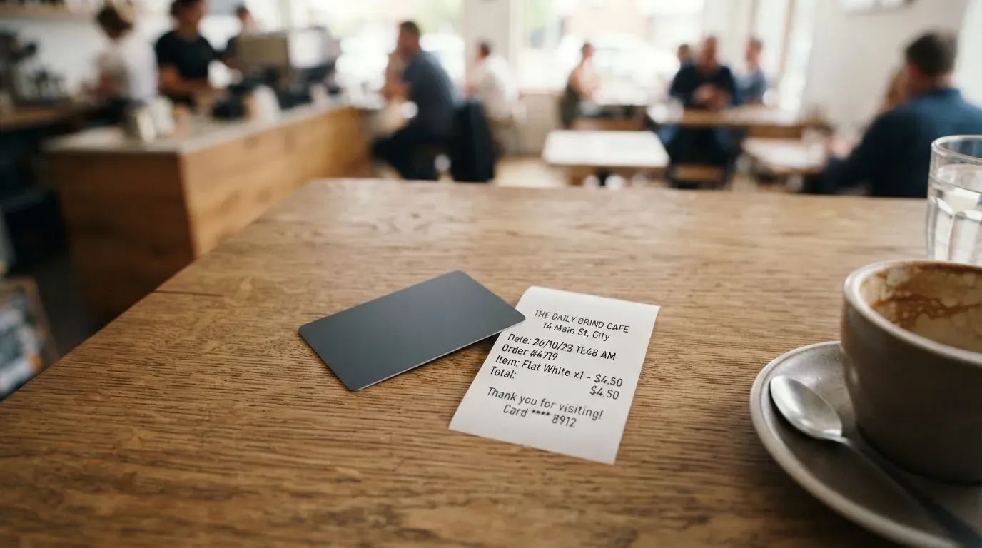 A receipt and a card on a café table