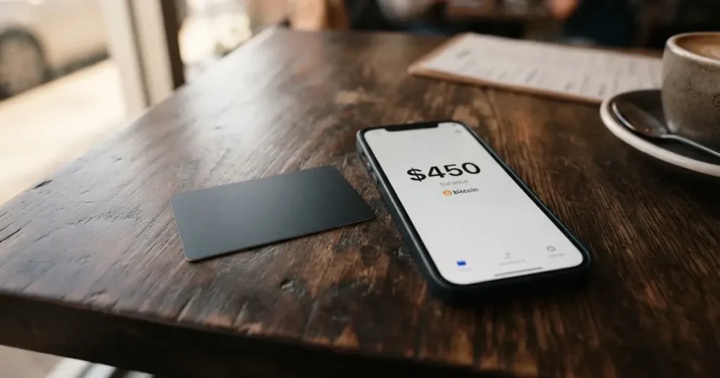 A payment card next to a phone with a crypto wallet app open