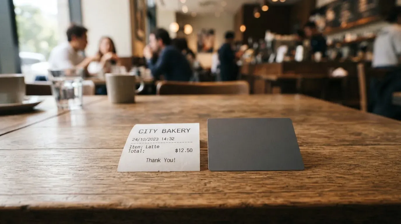 A receipt and a card on a café table