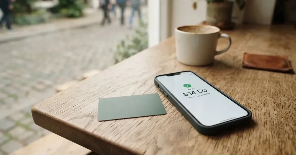 A payment card next to a phone with a crypto wallet app open