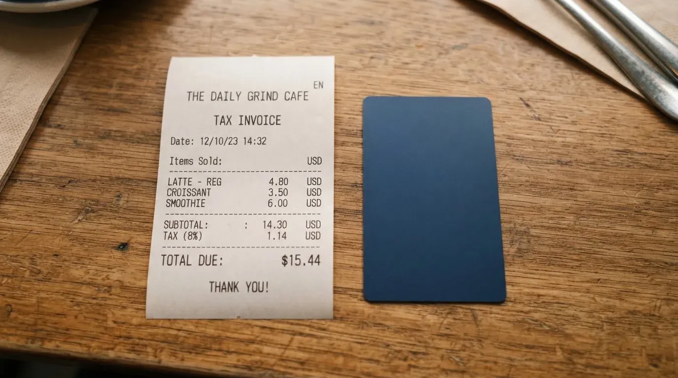 A receipt and a card on a café table