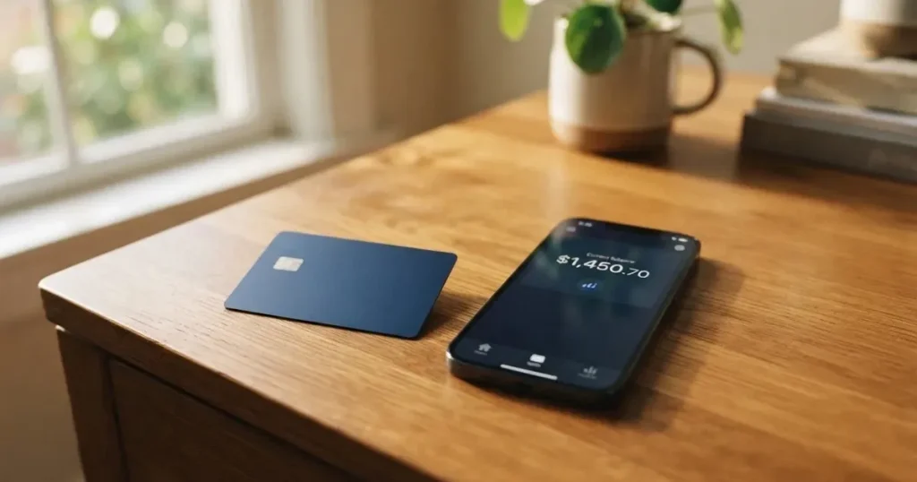 A payment card next to a phone with a crypto wallet app open