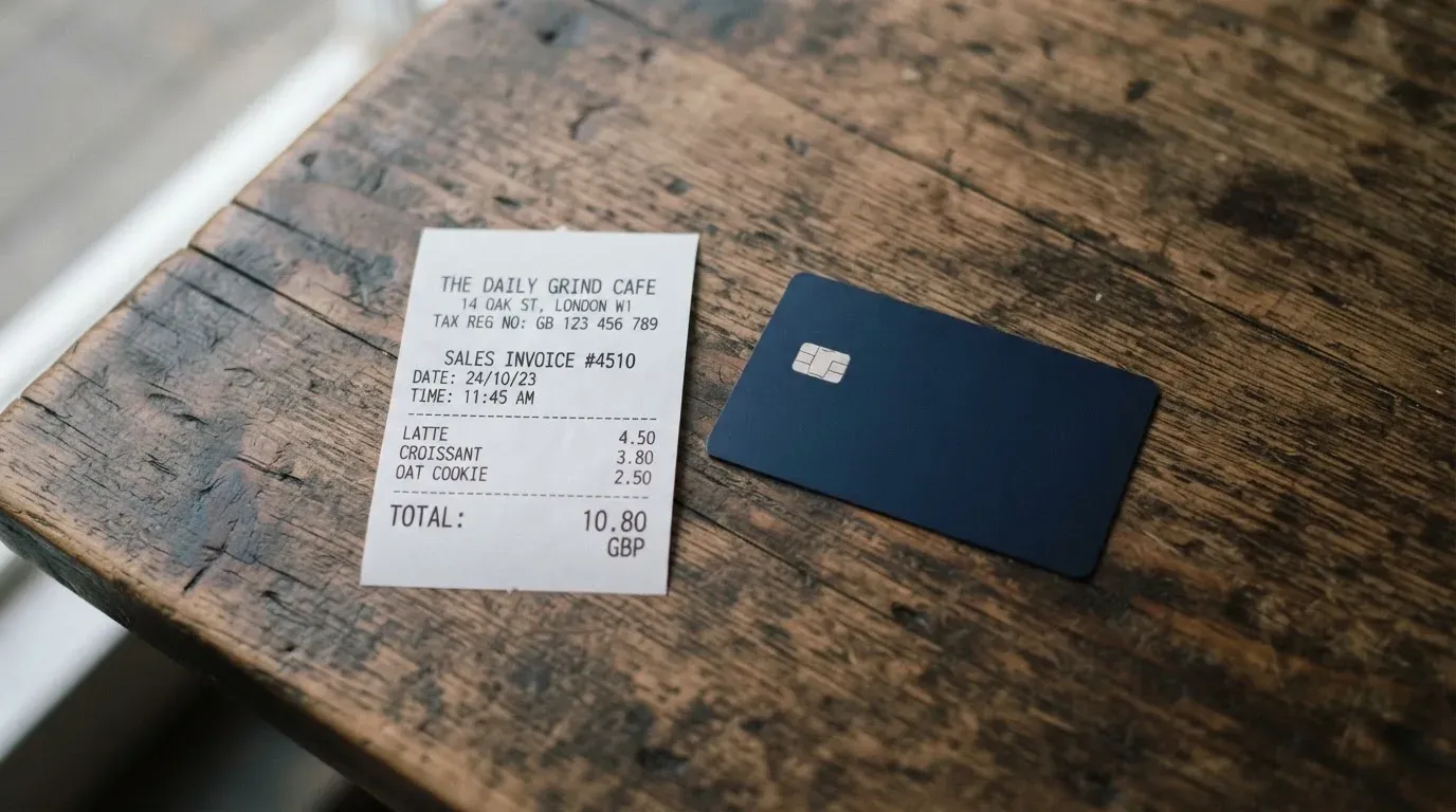 A receipt and a card on a café table