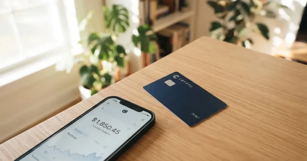 A payment card next to a phone with a crypto wallet app open