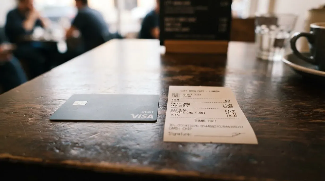 A receipt and a card on a café table