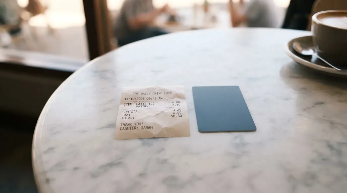 A receipt and a card on a café table