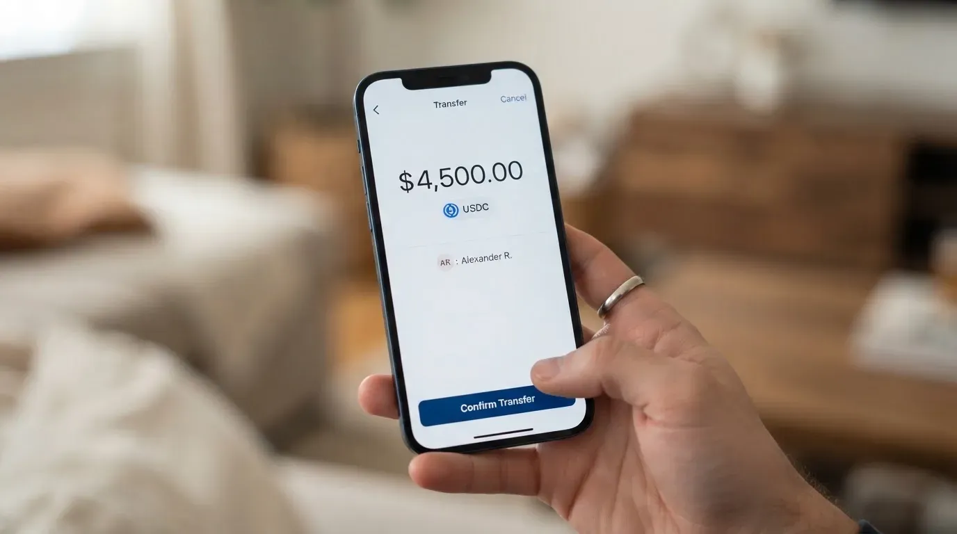 A phone showing a stablecoin transfer screen
