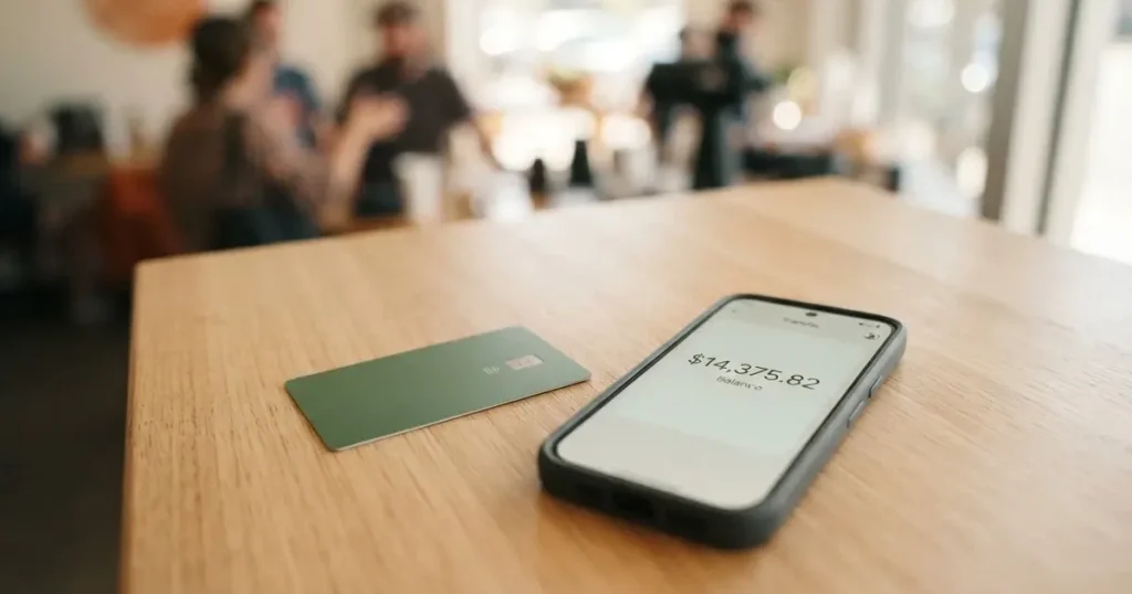 A payment card next to a phone with a crypto wallet app open