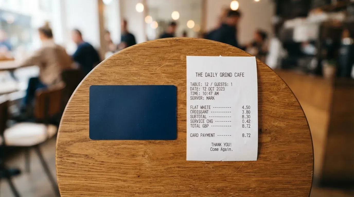 A receipt and a card on a café table