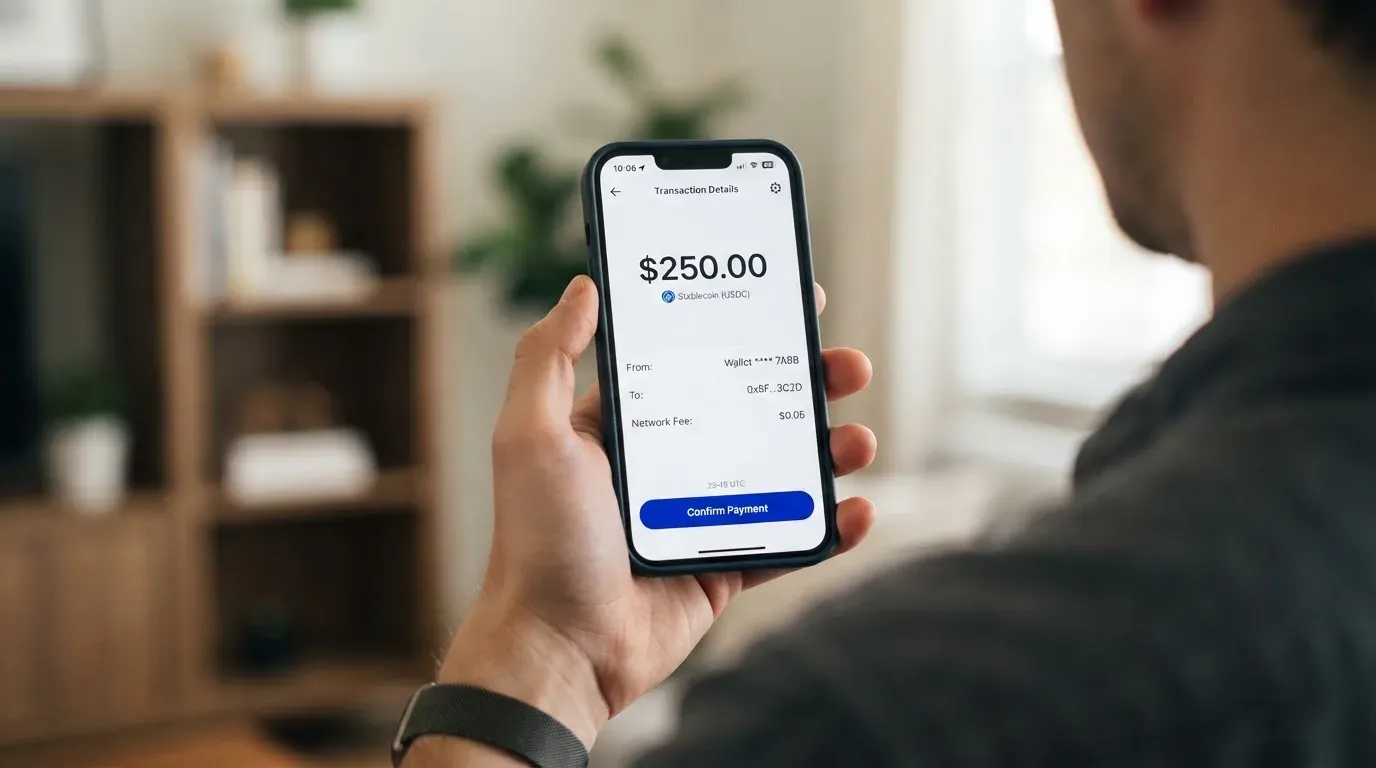 A phone showing a stablecoin transfer screen