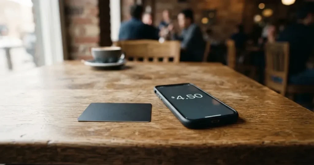 A payment card next to a phone with a crypto wallet app open