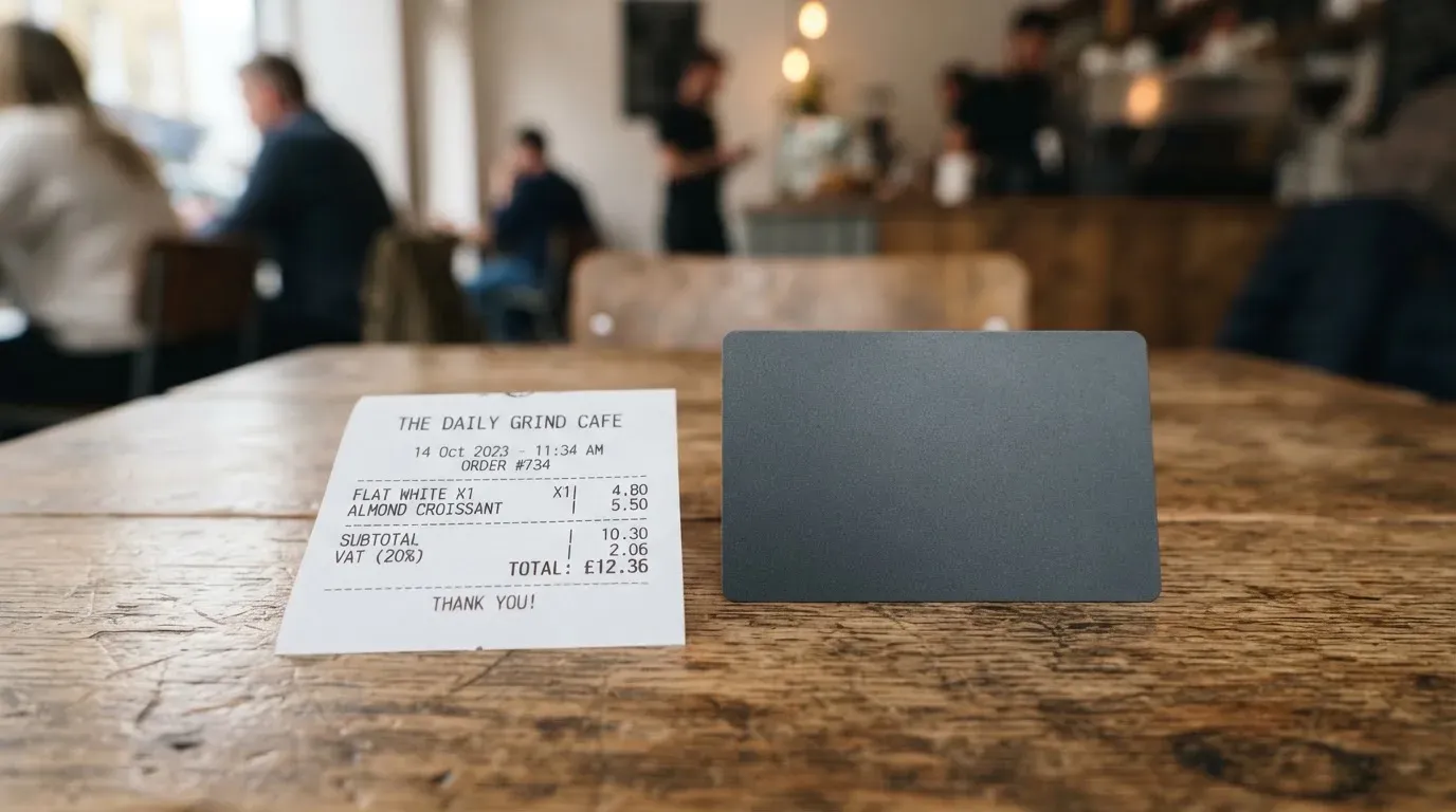 A receipt and a card on a café table