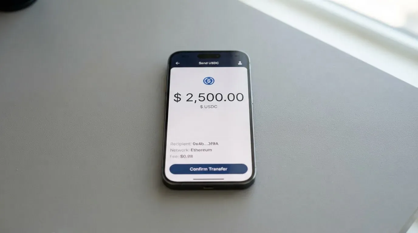A phone showing a stablecoin transfer screen