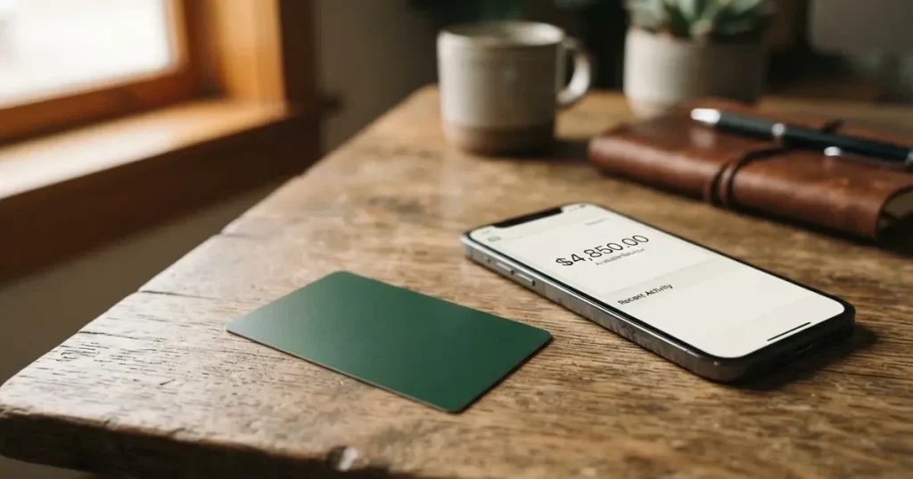 A payment card next to a phone with a crypto wallet app open