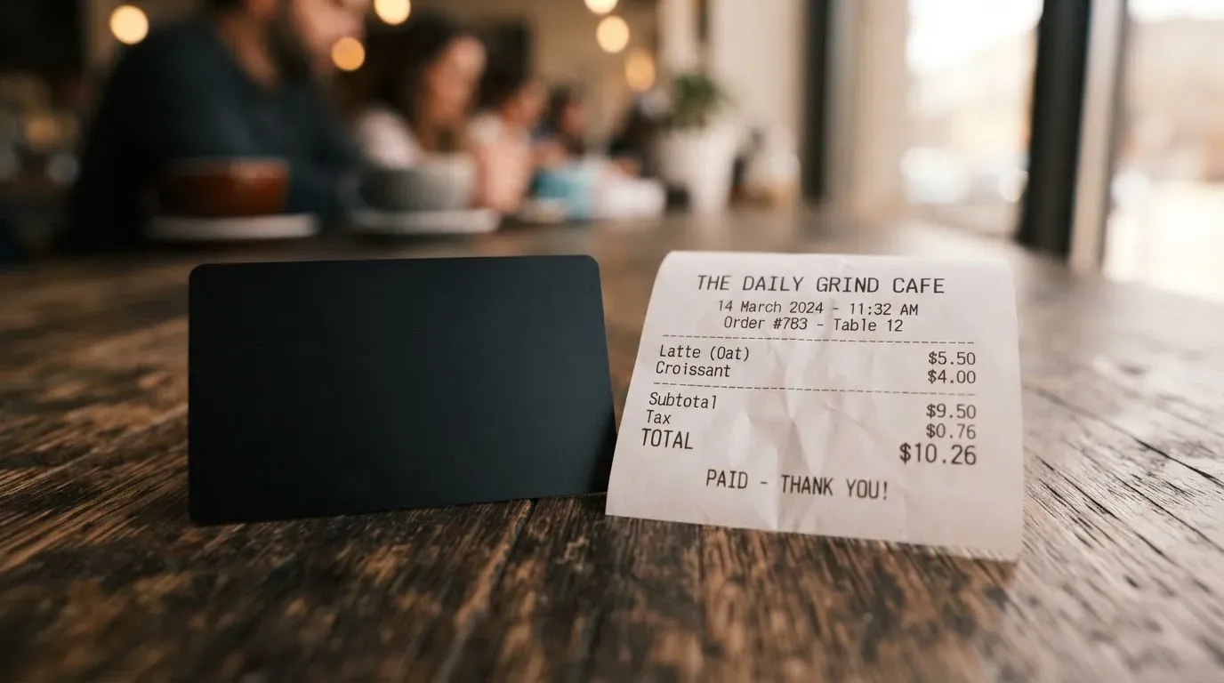 A receipt and a card on a café table