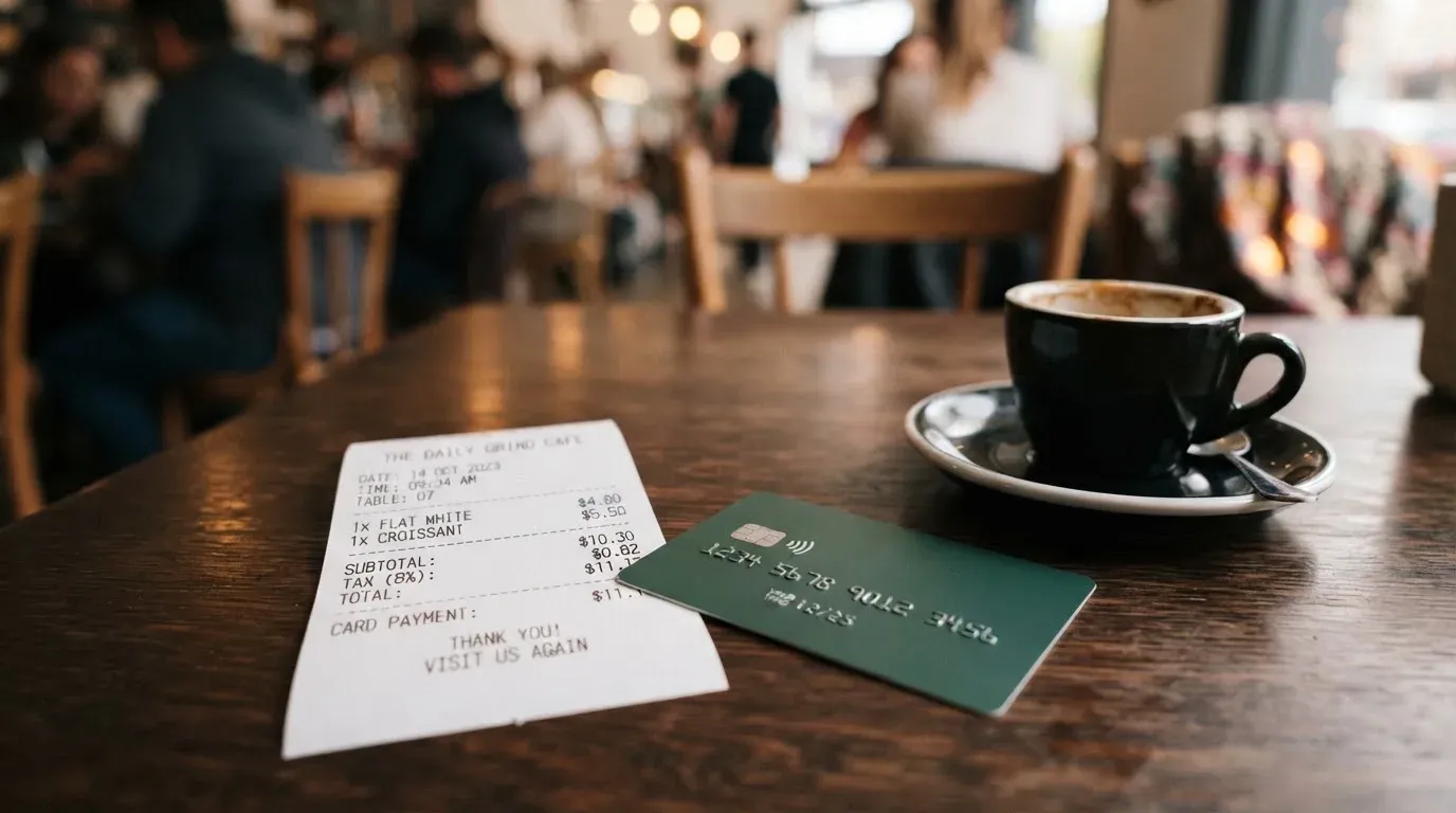 A receipt and a card on a café table
