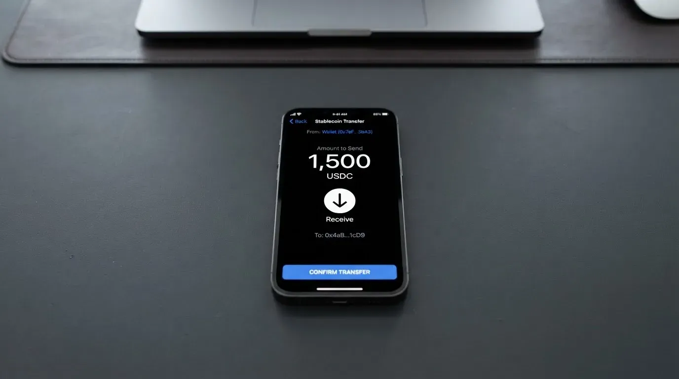 A phone showing a stablecoin transfer screen
