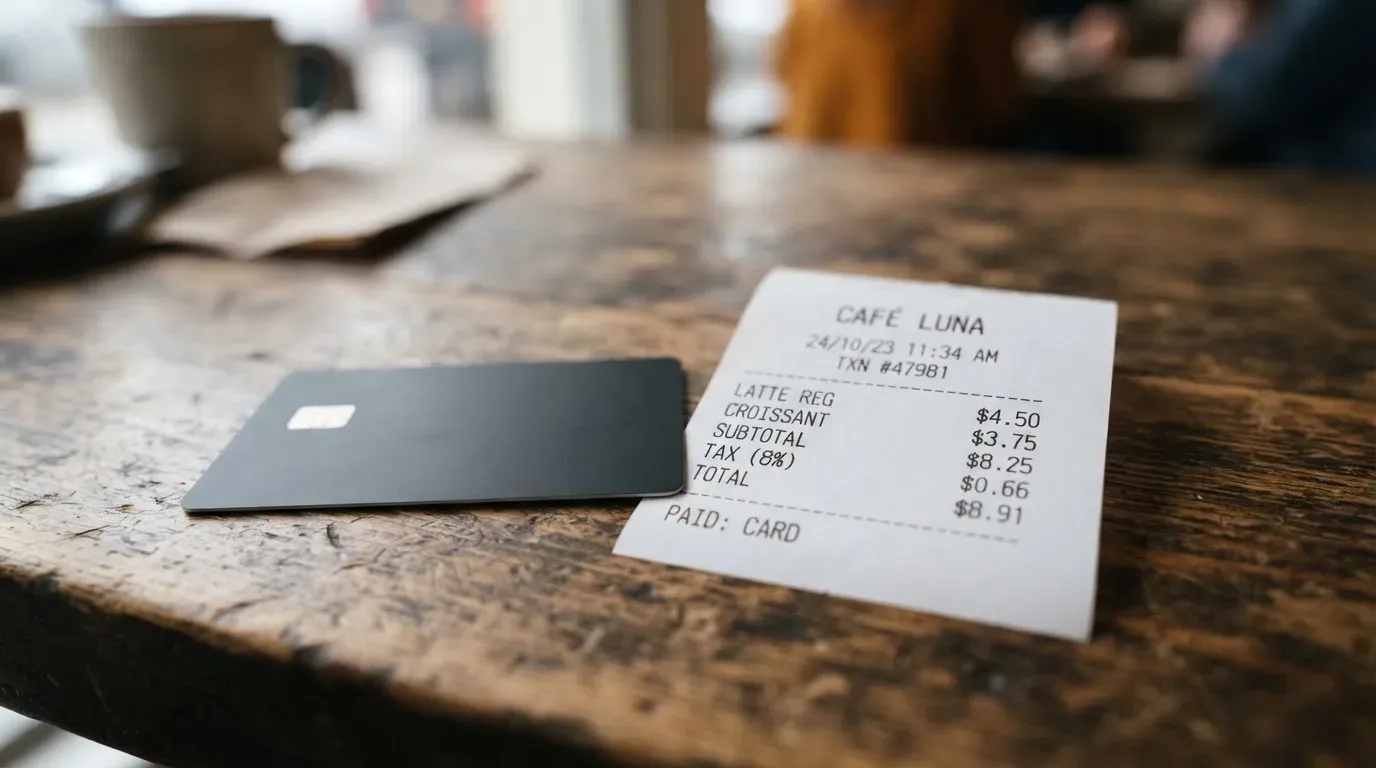 A receipt and a card on a café table