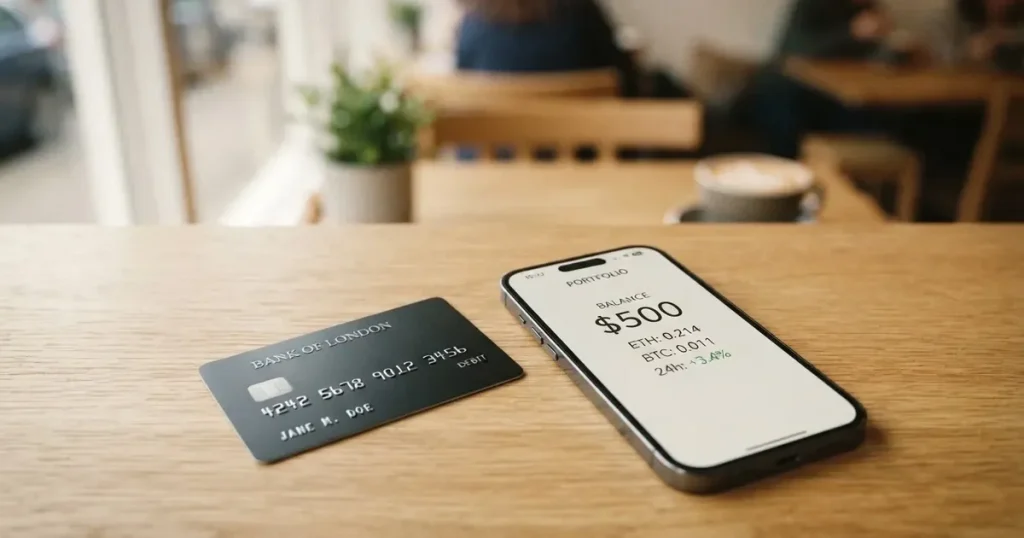 A payment card next to a phone with a crypto wallet app open