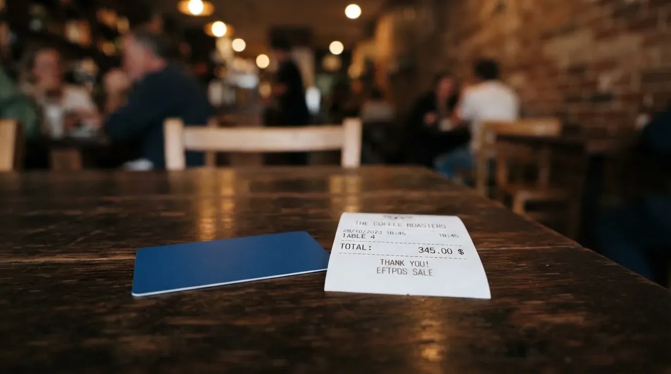 A receipt and a card on a café table