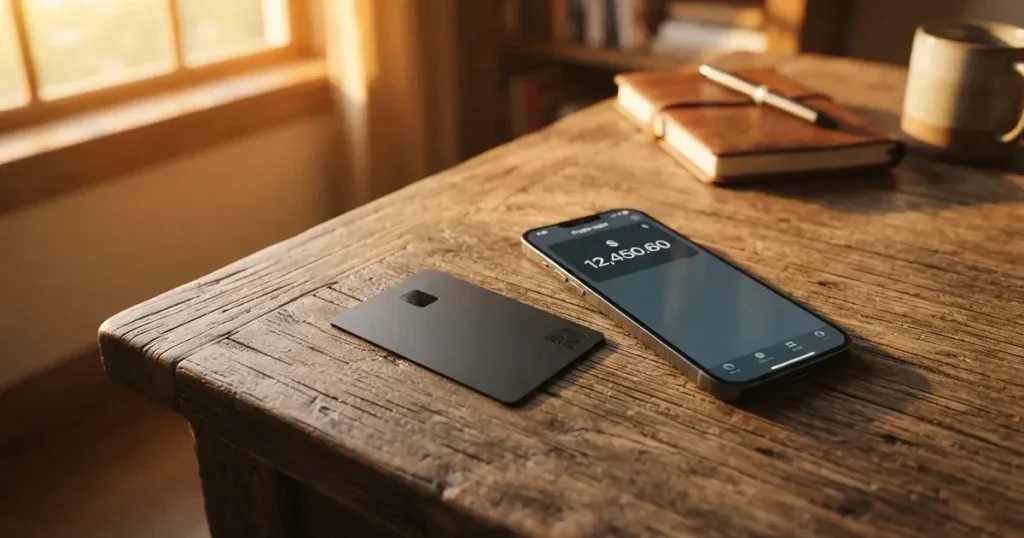 A payment card next to a phone with a crypto wallet app open