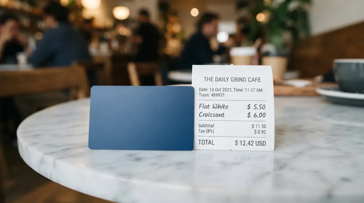 A receipt and a card on a café table