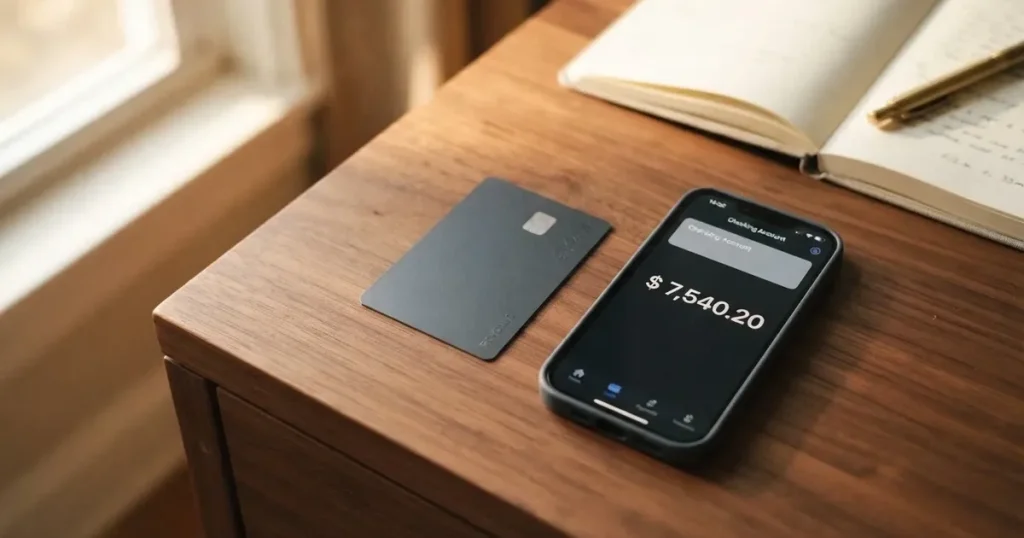 A payment card next to a phone with a crypto wallet app open