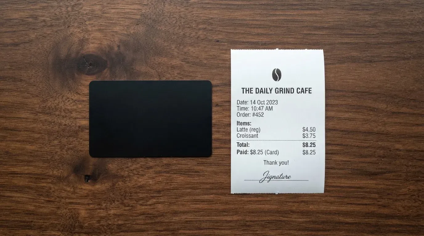 A receipt and a card on a café table
