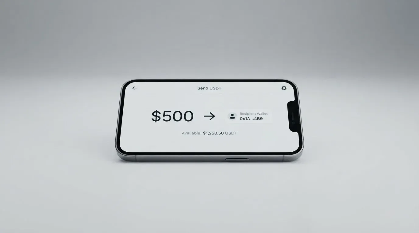 A phone showing a stablecoin transfer screen