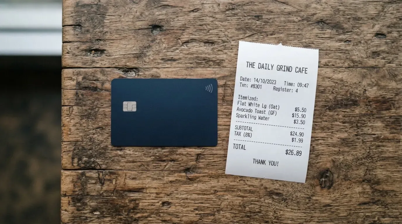 A receipt and a card on a café table