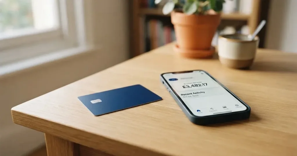 A payment card next to a phone with a crypto wallet app open