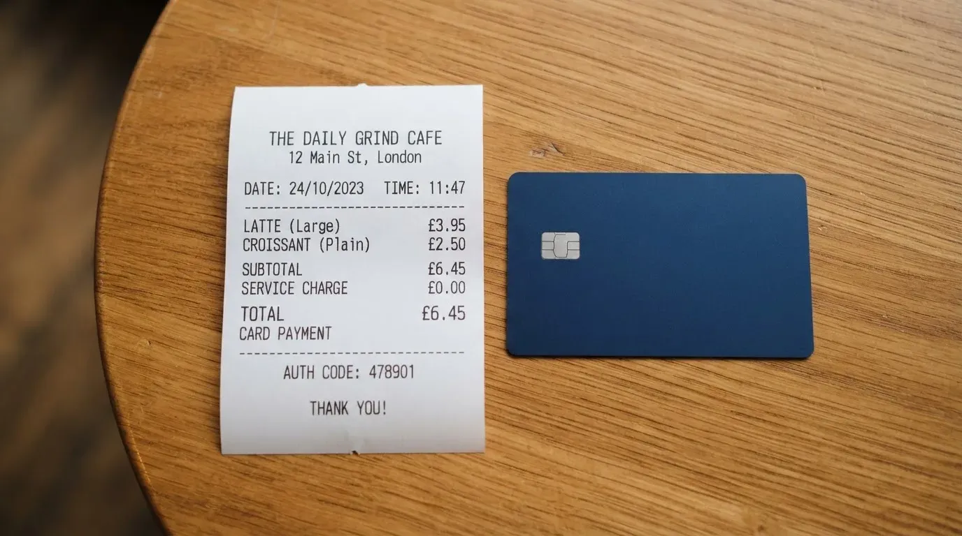 A receipt and a card on a café table