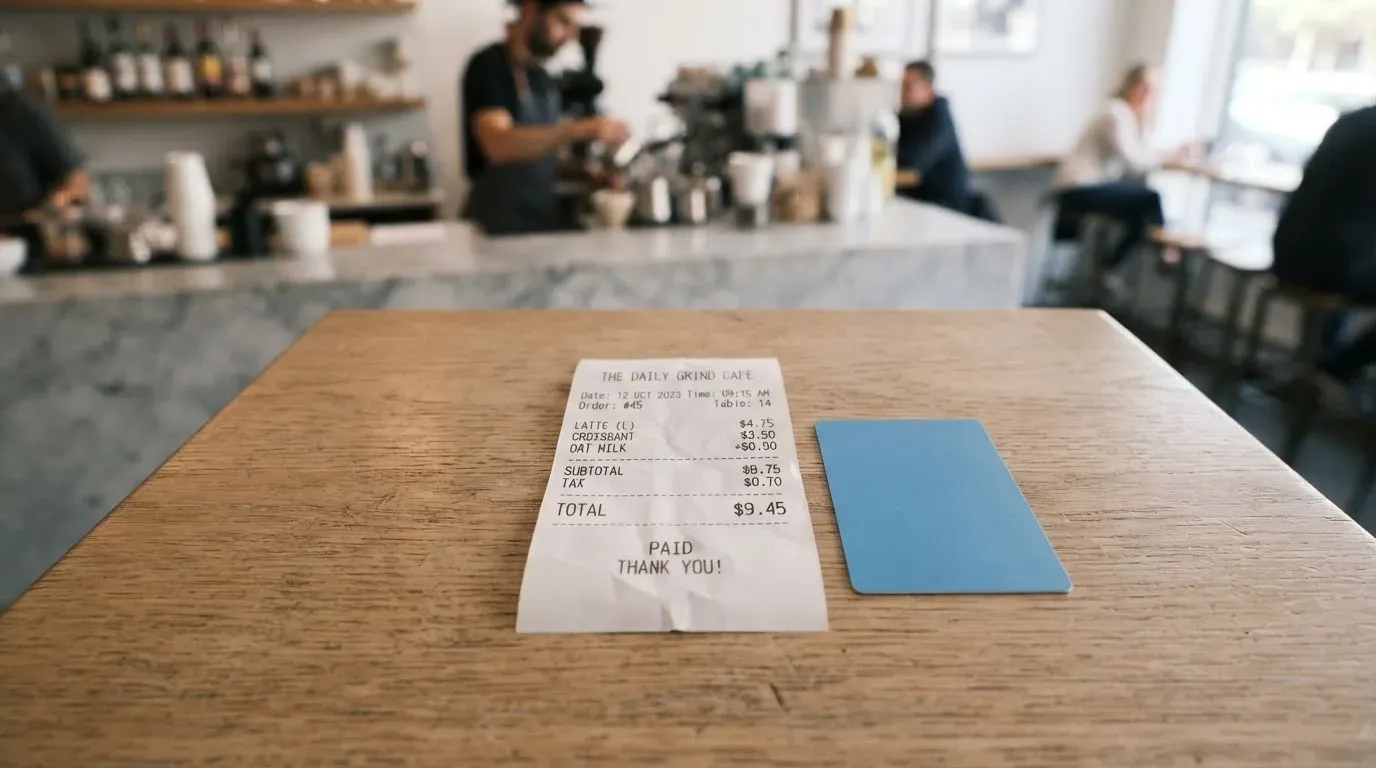 A receipt and a card on a café table