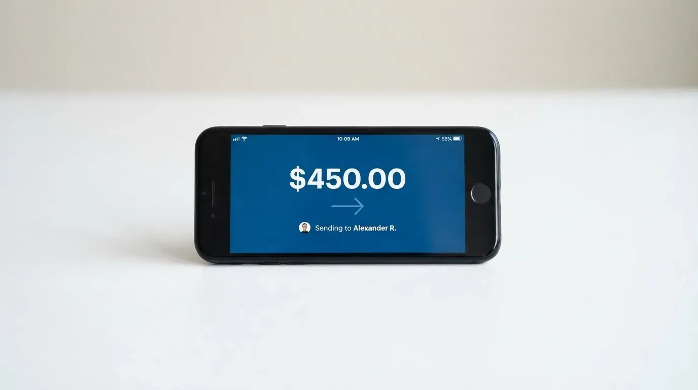 A phone showing a stablecoin transfer screen